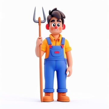 Clay animation character wearing a farmer's overalls and holding a pitchfork, on an isolated white background, Generative AI