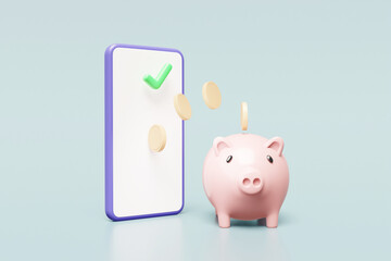3D rendered illustration of the concept of online transactions using a phone with increased income including saving money and development with a piggy bank with a phone and coins with a check mark.