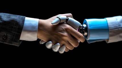 Robot handshake with human, future business partnership concept