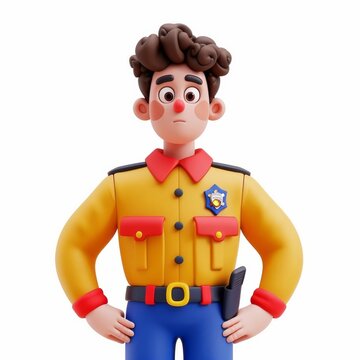 Clay animation character wearing a police officer's uniform and holding a badge, on an isolated white background, Generative AI