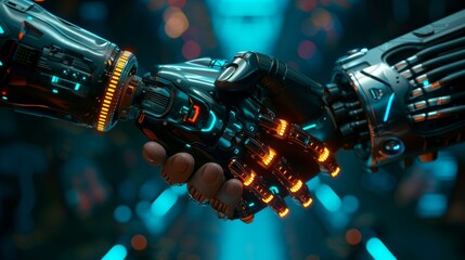 Fototapeta na wymiar Robot handshake with robot, future business partnership concept