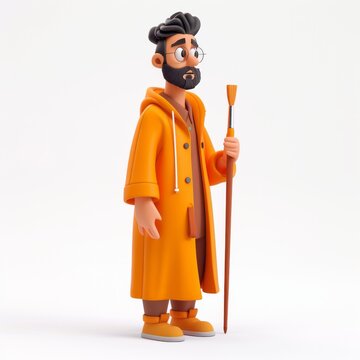 Clay animation character wearing an artist's smock and holding a paintbrush, on an isolated white background, Generative AI