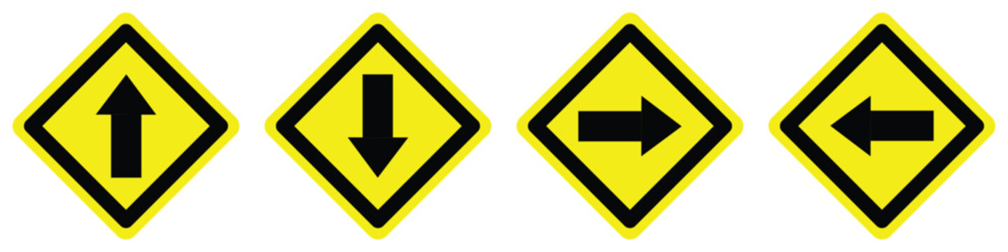 set circle diamond shape right left opposite straight arrow road traffic warning sign direction icon. highway route collection road flat symbol for web mobile isolated white background illustration.