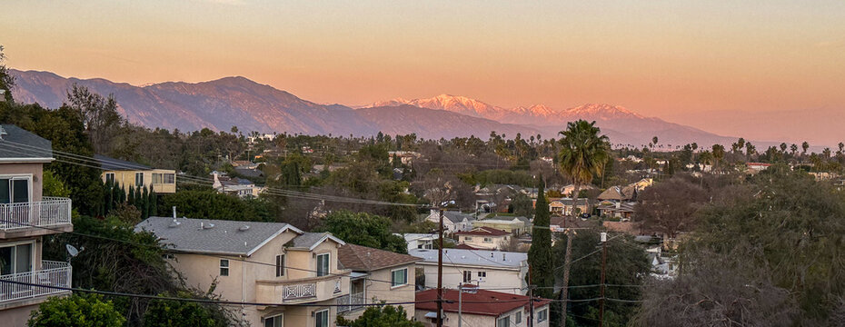 Los Angeles - San Gabriel Mountains and Valley at sunet, snowtop mountainside and landscape