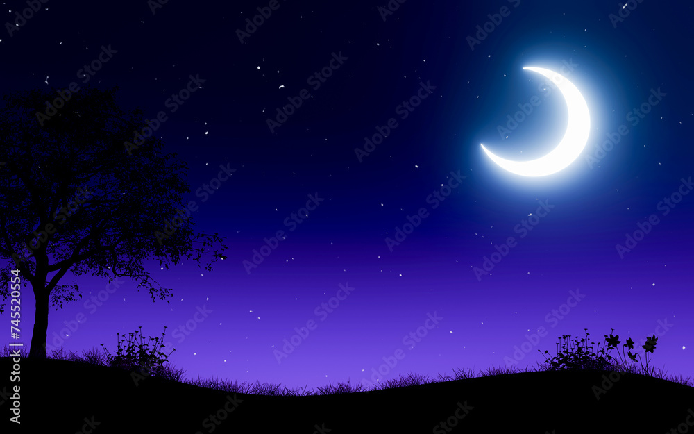 Wall mural the crescent moon glows in the sky. there are twinkling stars, clear and cloudless, for making backg