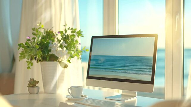 Computer screen in the window. Seamless looping time-lapse 4k video animation background