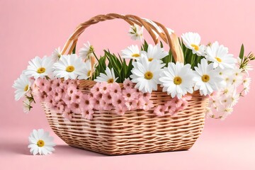 Fototapeta na wymiar basket with white flowers pink background