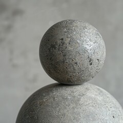 Two textured concrete spheres balanced perfectly one on top of the other against a neutral grey backdrop.
