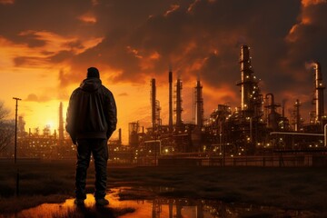 Diligent Petrochemical operator at sunset. Power operator. Fictional person. Generate Ai - obrazy, fototapety, plakaty