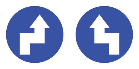 set blue circle shape double sharp turns right and left arrow road traffic mandatory sign direction. highway route collection road flat symbol for web mobile isolated white background illustration.