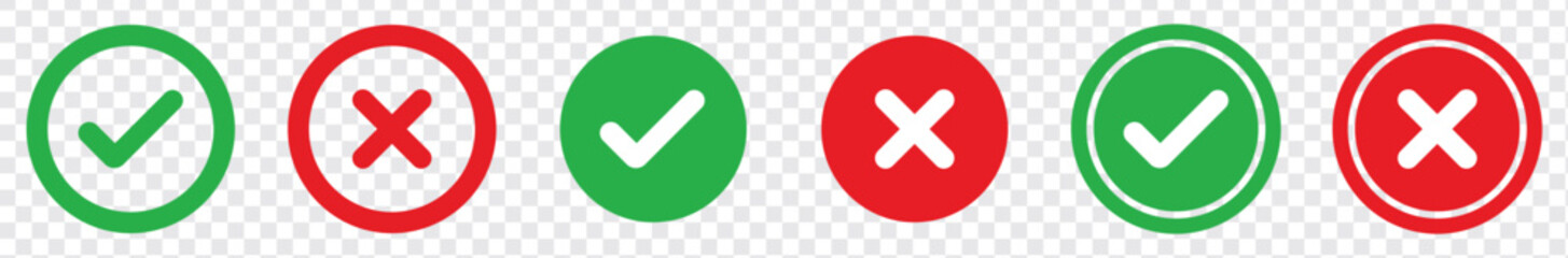 Green check mark, red cross mark icon set. Isolated tick symbols, checklist signs, approval badge. Flat and modern checkmark design, vector illustration.  © Quirk Craft Studio