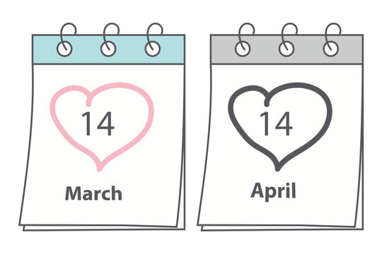 2 Calendar page with date 14 March White Day and 14 April Black Day with heart shape stroke by hand