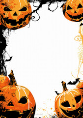 An A4 or A5 size Halloween theme party invitation, scary pumpkins around the border with plenty of white space for text.  