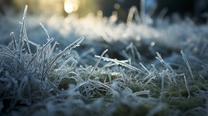 A closeup of frostcovered grass in the early morning light, with delicate ice crystals forming on each blade.
