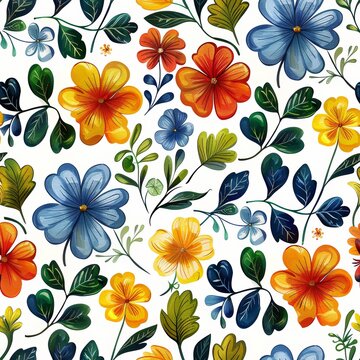 Seamless pattern with colorful flowers on white background