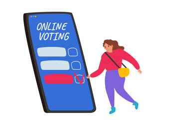 online voting woman using smartphone vote app vector illustration