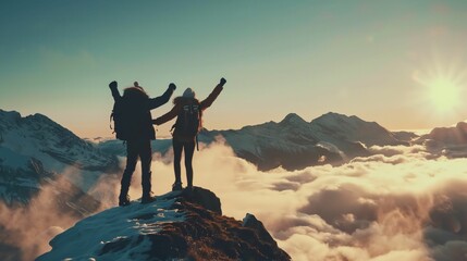 Fototapeta premium Victorious couple enjoying summit view, teamwork and success concept.