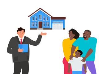 real estate agent shows a house to african american family to buy or rent vector illustration
