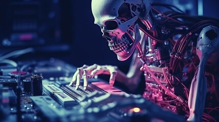 science fiction human skeleton robot technology is checking laptop computer. human relations, science academia - obrazy, fototapety, plakaty