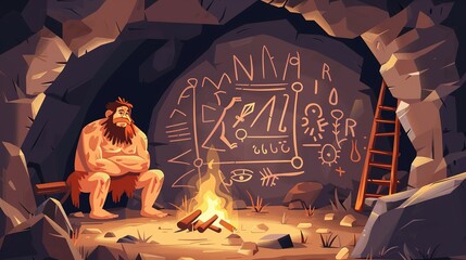 Prehistoric cave with caveman primitive painting on stone walls and fire. Cartoon vector neanderthal tribe dungeon. Aboriginal dwelling in underground rock cavern with ancient drawings and campfire - obrazy, fototapety, plakaty