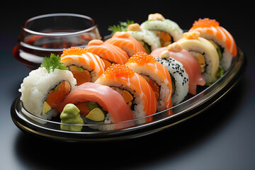 A cute and eye-catching disposable sushi plate with playful fish-shaped compartments - obrazy, fototapety, plakaty