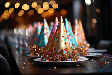 An endearing disposable party hat with colorful streamers on a celebration table - obrazy, fototapety, plakaty
