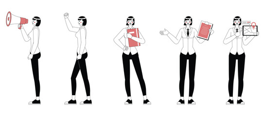 Set of office woman wear white suit character flat and minimal vector illustration design style. Presentation in various action. People working in office planning, thinking and economic analysis.