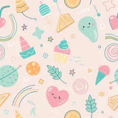 Foto auf Glas Seamless Ice Cream and Cupcakes Pattern: Vector Illustration for Baby Wallpaper, Cartoon Decoration, Love Card, Birthday Sweet Art, Candy Food, and Fr © salvia0391