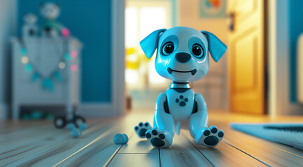 Adorable domestic robotic puppy welcoming at home entrance, smart animal concept