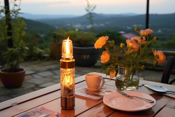 A disposable lighter on a patio table with a view of the outdoors - obrazy, fototapety, plakaty
