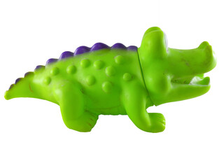 A green rubber crocodile toy that floats and makes a sound when squeezed is usually used as a bath companion for children, isolated on white background and close up shoot.