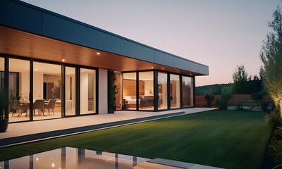 An eco-friendly house stands out at dusk, showcasing modern architecture and ambient outdoor lighting. AI Generated