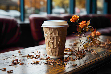 A used and discarded paper coffee cup with a lid on the table