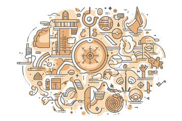 Sketch of people teamwork, gears, lamp idea. Doodle cartoon mechanism with machinery and cogwheels. Hand drawn vector illustration for business design isolated on white.