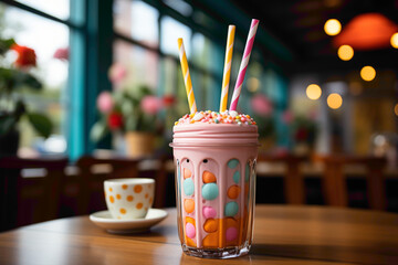 An endearing paper straw with a polka dot pattern in a colorful smoothie on a cafe table - obrazy, fototapety, plakaty