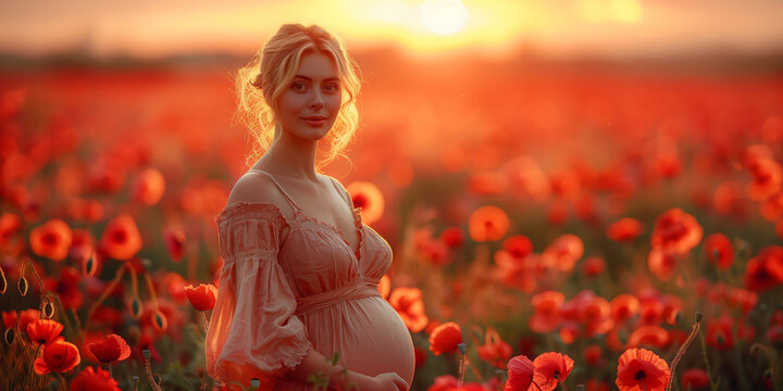 Motherhood image with a beautiful pregnant woman standing in a meadow among blooming poppies in front of a bright sunset light.
