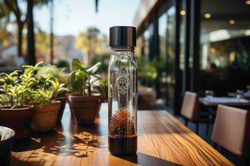 A reusable glass water bottle with a silicone sleeve, sitting on a cafe counter