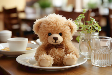 A tiny disposable teddy bear as a charming table centerpiece - obrazy, fototapety, plakaty