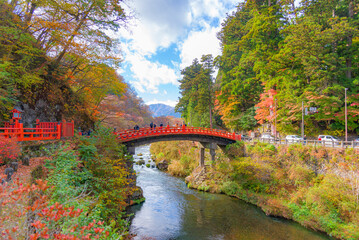 Shinkyo bridge in autumn, One of most famous tourist destination in Nikko, Tochigi, Japan