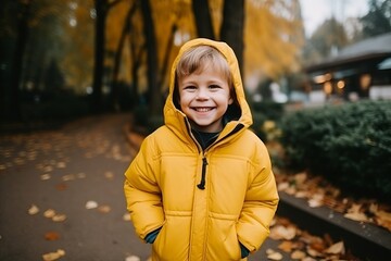 Portrait of a smiling boy in yellow jacket in the autumn park