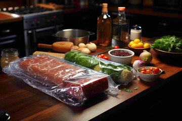A handy disposable kitchen foil and cling film on a cooking counter - obrazy, fototapety, plakaty