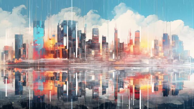 cityscape background illustration. digital illustration modern glitch art futuristic flat design illustration . seamless looping overlay 4k virtual video animation background 