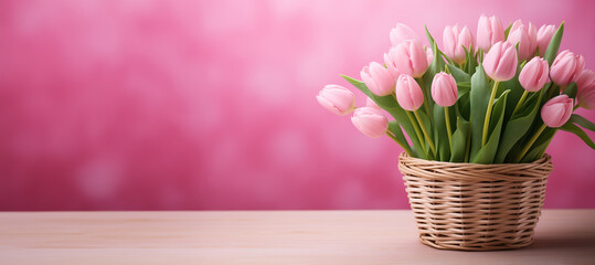 pink tulips in a basket on pink background asset, generative Ai
