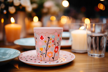 A cute and small disposable plate with a whimsical design on a party table
