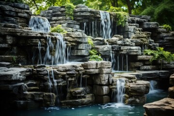 Fototapeta na wymiar Outdoor fountain waterfall stone. Water pot. Generate Ai