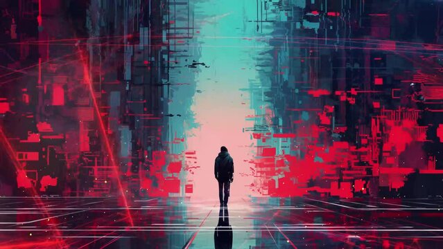 techno background. digital illustration modern glitch art cyberpunk flag. seamless looping overlay 4k virtual video animation background 