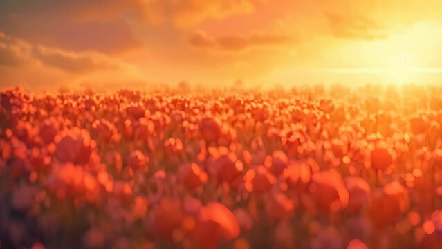 sunset in the flower field landscape. 4k video animation