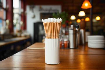 An everyday disposable coffee stirrer dispenser on a cafe counter