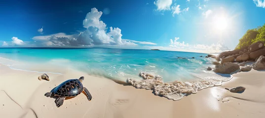 Schilderijen op glas Tranquil sea turtle resting on sandy beach with mesmerizingly deep blue ocean © pijav4uk