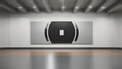 A modern art gallery with white walls featuring a large geometric circular installation, creating a striking contrast against the simplicity of the space, illuminated by natural light from above